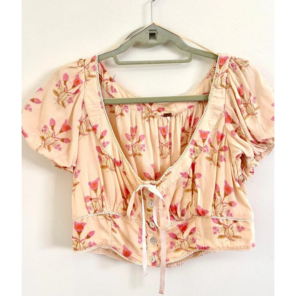 Free People Easy to Love Matching Set Cream Pink Floral Crop Top Skirt Medium